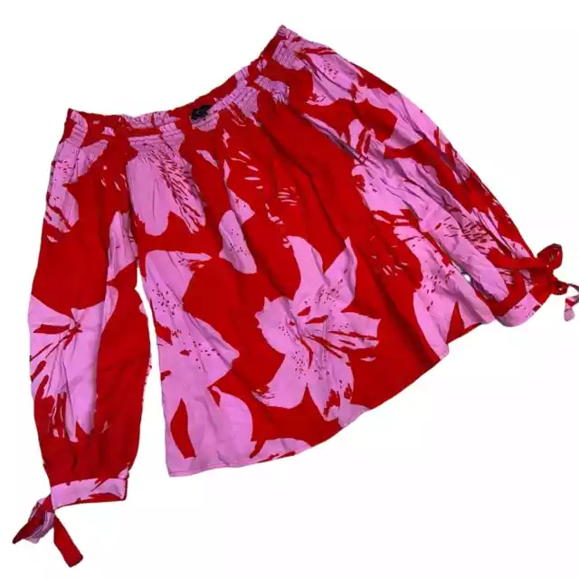 Revolve Bardot Women's Red Pink Hibiscus Floral Off Shoulder Long Sleeve Top 6