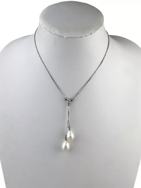 Sterling Silver Real Pearl Dangle Necklace 15.5"