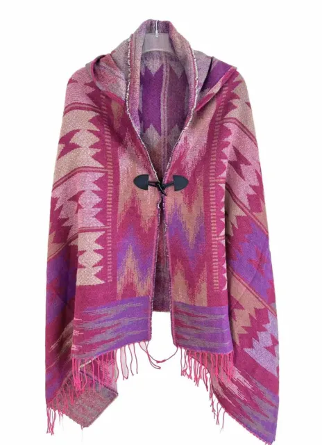 Southwestern Aztec Inspired Hooded Poncho Cape Shawl Pink Purple NWT One Size