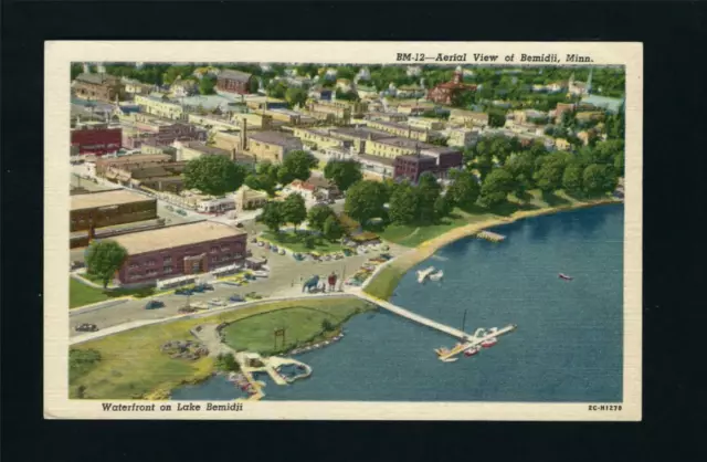 Bemidji Minnesota MN 1940s Aerial View Town, Beachfront, Sea Plane at City Docks