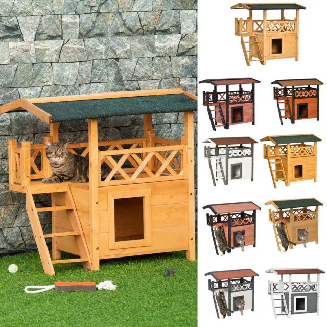 Outdoor Cat Shelter Wooden Kitten House Puppy Kennel w/ Balcony Stairs Roof