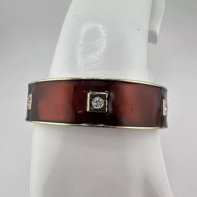 7” Gold Tone Red Orange Enamel Crystal Accent Hinged Clamper Bangle Bracelet