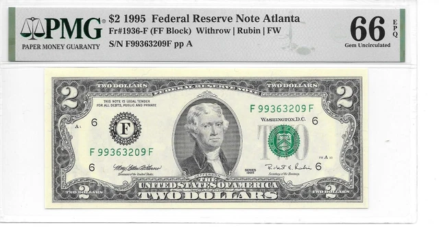 1995 Atlanta  $2 FRN Harder to find FF Block PMG 66 EPQ GEM UNCIRCULATED