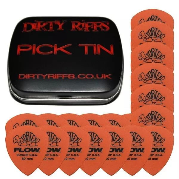 24 x Dunlop Tortex Flow Standard 0.60mm Guitar Picks Plectrums In a Pick Tin