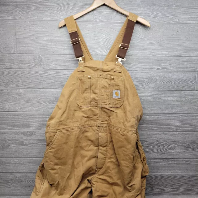 Vintage 90s Carhartt R02 Brown Canvas Red Lined Insulated Overalls Bibs 46x28