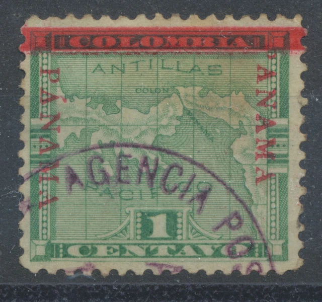 PANAMA 1904 Map of Panama 1c green w red overprint „PANAMA“ VFU VARIETY