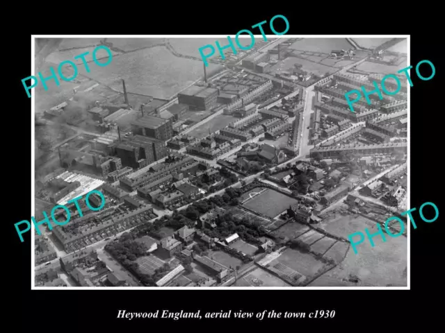 OLD POSTCARD SIZE PHOTO OF HEYWOOD ENGLAND AERIAL VIEW OF THE TOWN c1930 1