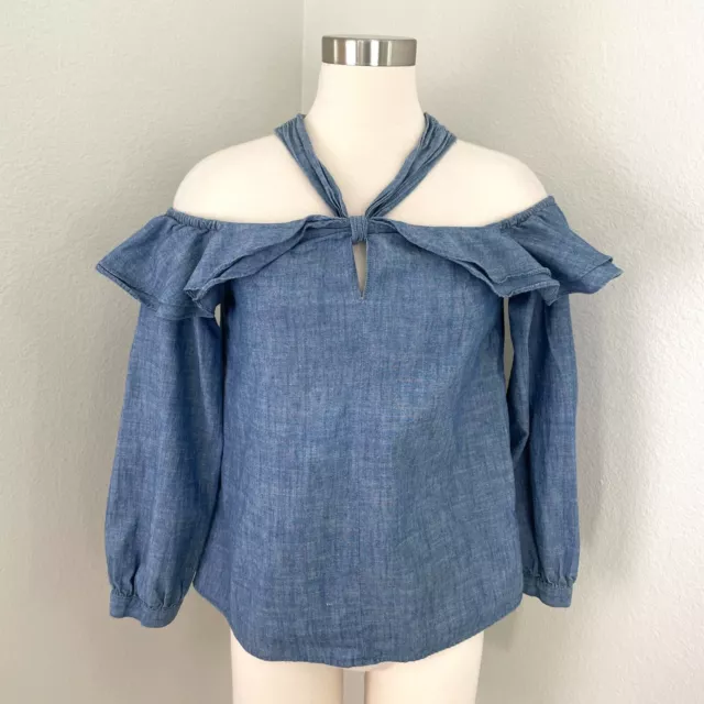 J Crew Womens 4 Off The Shoulder Chambray Blue Ruffled Shirt Top