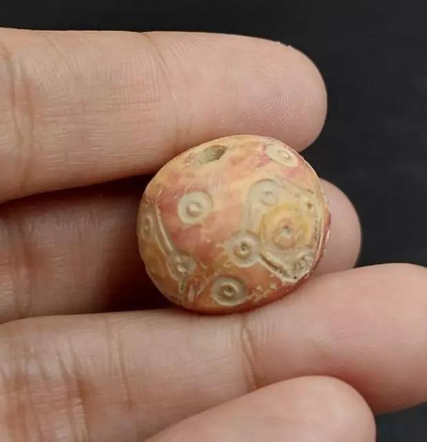 Ancient shell carved spindle whorl bead dice  gambling amulet bead