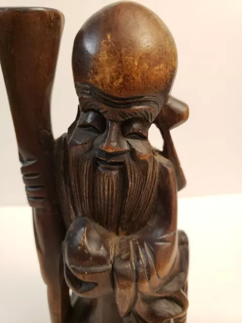 Antique Chinese Wood Carving Shou Lao God of Longevity Shou Xing Peach and Staff