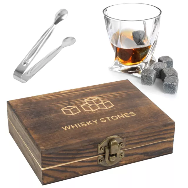 TRIXES Whiskey Stones Gift Set 9PC Whiskey Stones NEW Luxury Wooden Gift Box