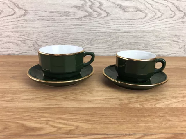 2 x Apilco Green Coffee Cups And Saucers Different Sizes