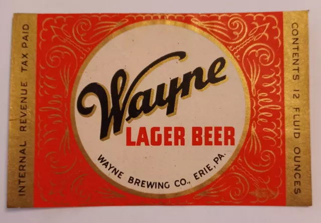 IRTP Wayne Lager Beer Label, Wayne Brewing Co, Erie, Pa.