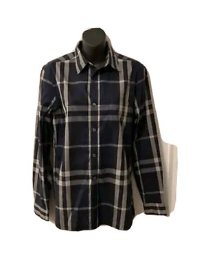 NWT BURBERRY BRIT Navy Blue Henry Trim Fit Cotton Logo Nova Check ...