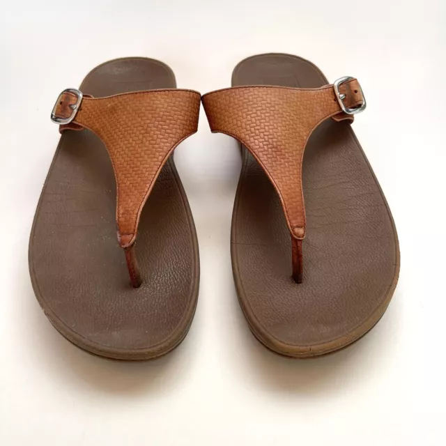 FitFlop Womens Size 8 Brown Leather The Skinny Thong Buckle Wedge Slide Sandals 6