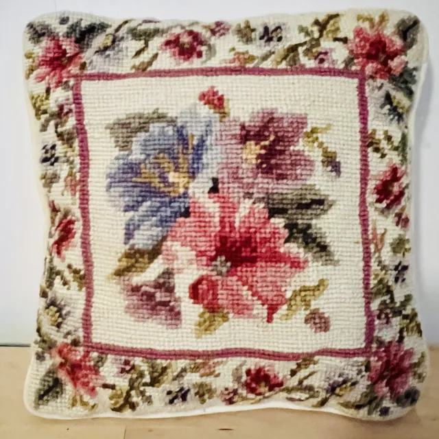 Vintage Needlepoint Pillow Floral Roses Flowers  Cottage Core Velvet Back 9”x9”