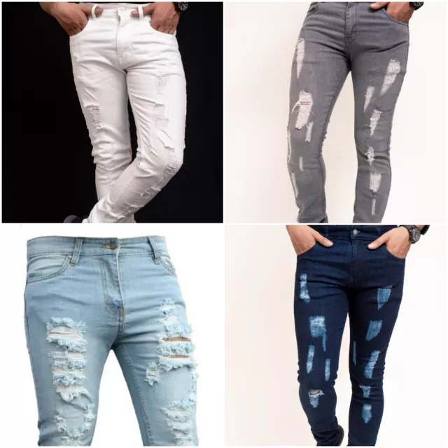 Mens Ripped Skinny Slim fit Grey Black White Stretch Denim  Biker boys Jeans