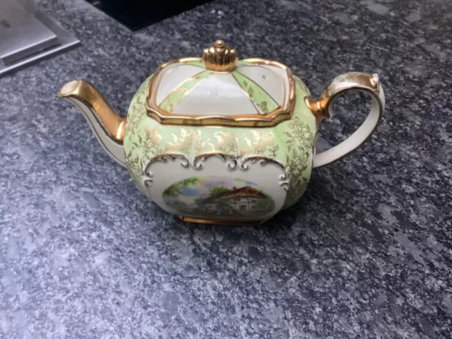 Vintage Sadler Cube Large Teapot Green Gold Gilt Romantic Garden Crinoline Lady