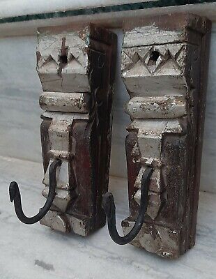 Antique wooden hand carved wall hangers painted hanging hooks old pair decor art