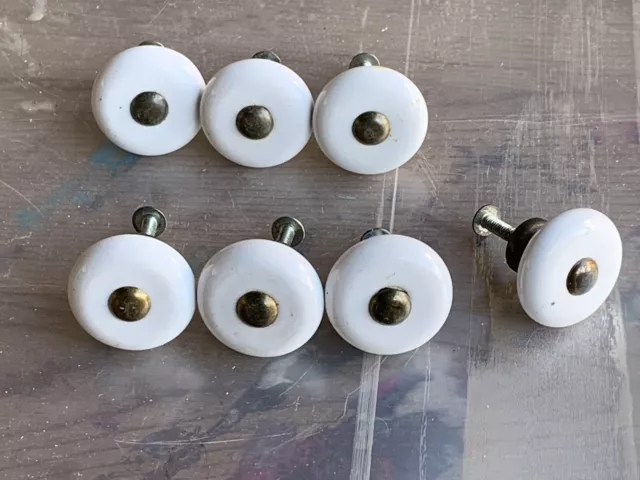 Lot Of 7 Vintage Porcelain Ceramic White And Brass Drawer Pull Cabinet Knobs