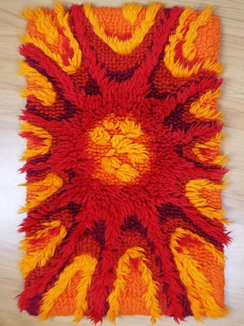 70s Sunburst handmade wool wall hanging rug red orange vintage Mid Century