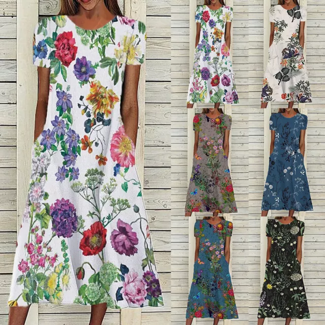 Women Boho Floral Short Sleeve Midi Dress Ladies Summer Beach Holiday Sundress