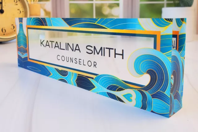 Personalized Clear Acrylic Name Plate Plaque for Desk Sea Wave Decor CAB16BC