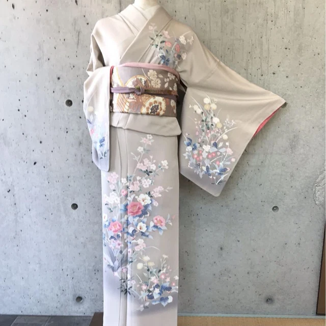 Japanese Pure Silk Semi-Formal Kimono Houmongi 155cm Floral Gray