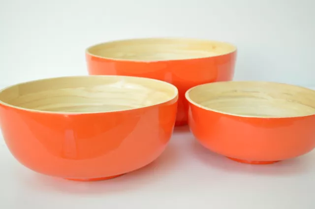 Handmade Decorative Serving Round Bamboo Bowl Lacquer Hi Gloss Orange Medium 3