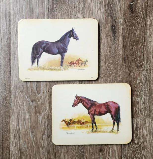 2 Vintage HORSE HOT PLAQUE Wall Hanging Standardbred Thoroughbred CORK BACK USA
