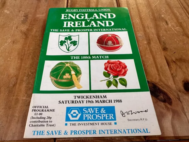 England v Ireland Rugby Union Programme - 19/3/1988