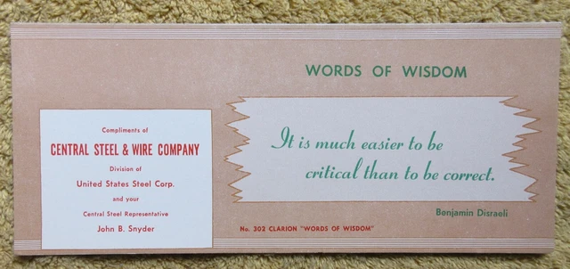 VTG. 1950's CENTRAL STEEL & WIRE CO. ADV.INK BLOTTER - WORDS OF WISDOM SERIES