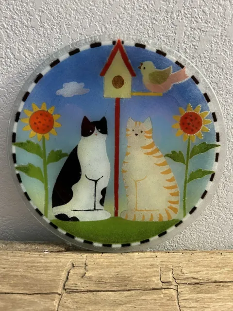 Peggy Karr Fused Glass 11" Plate Cats Bird Birdhouse Sunflowers Spring Day