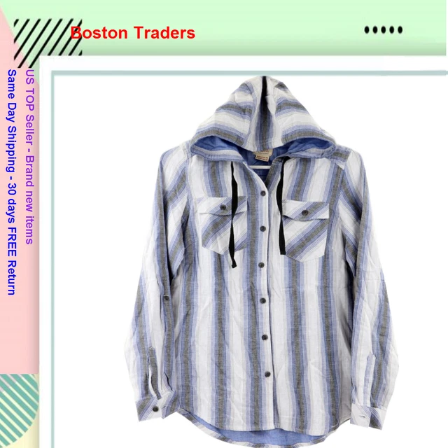 Boston Traders Women's Double Face Hooded Flannel Shirt, Small, Blue Stripe,S