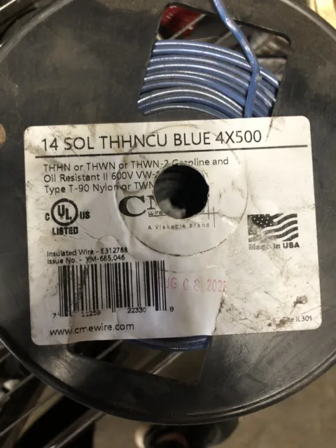 NEW!! CME E312788 14 Gauge Solid, 500ft, 600v THHN/THWN Blue Wire