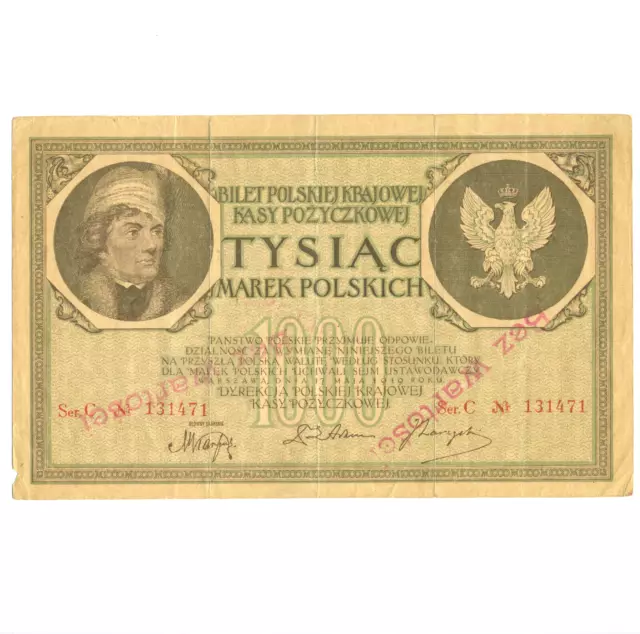 Poland 1919 1000 MAREK Ser C – State Loan Bank Large Note Rare Overprint