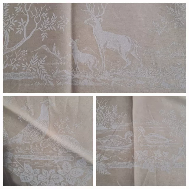 Vintage Ivory Damask Tablecloth Woodland Scenes Deer Stag Ducks 69" x 86"