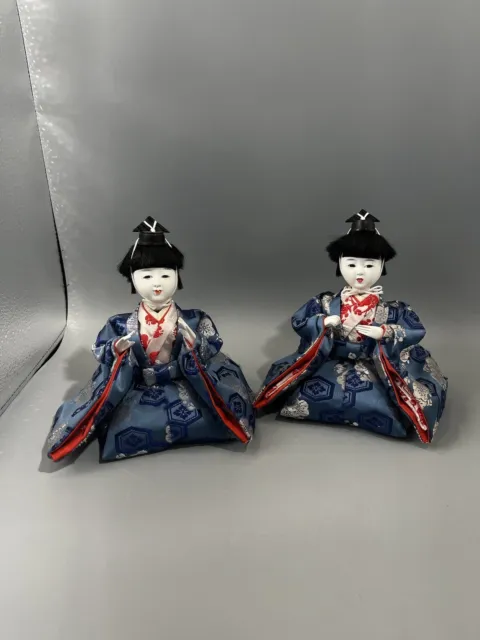 Pair Of Sitting Japanese Hina Matsuri Dolls Fully Clothed Matching Costumes