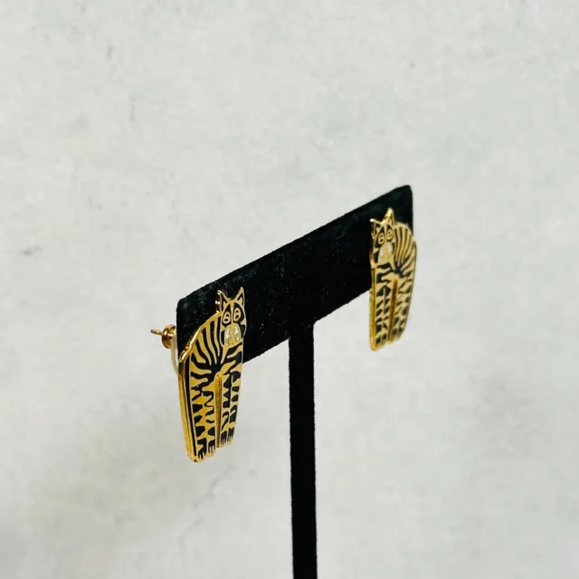 VTG Laurel Burch Earrings Jungle Cat Black Gold Tone Enamel Cloisonne 1980s