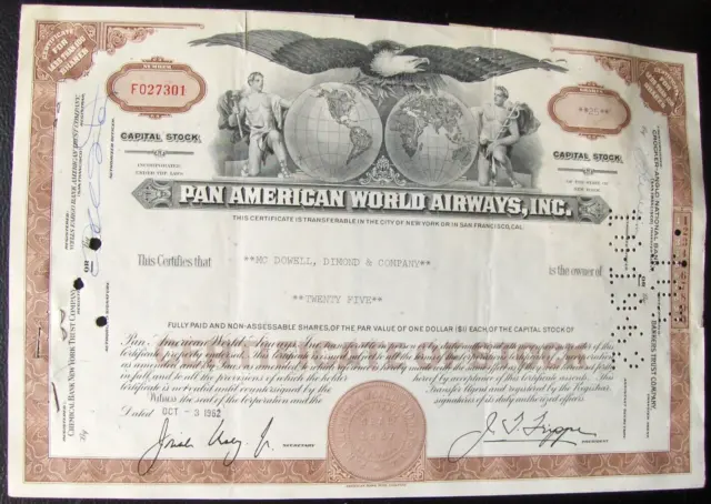 Pan American World Airways stock certificate Payee MC Dowell & Co + 2 stamps + 2
