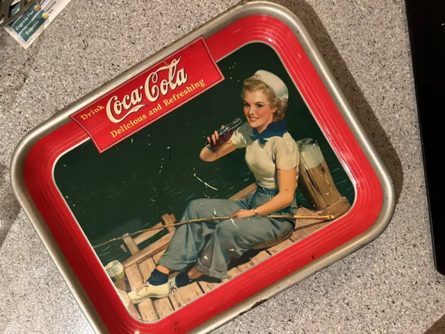 Vintage Original COCA-COLA SAILOR GIRL Metal Drink Serving Tray ~  1940 ~ RARE!