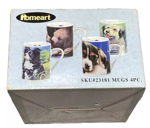 Vintage 1980 90s Homeart 4pc Puppy Dog Tea Coffee Mug Set Original Box #23181