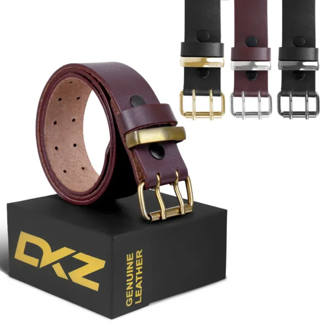 Mens Leather belts double Prong Heavy duty 100% genuine Leather black brown