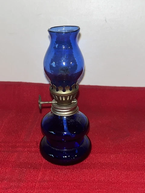 Vintage 4.75” Mini Blue Glass Oil Lamp Made In Hong Kong W’ Wick Vintage 4.75” Mini Blue Glass Oil Lamp Made In Hong Kong W’ Wick