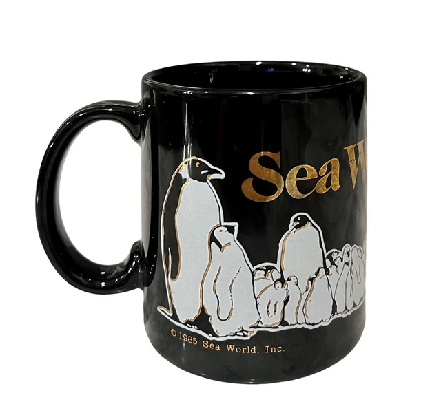 Sea World Black Coffee Mug Cup Black And Gold Penguins & Orca Whale 1985