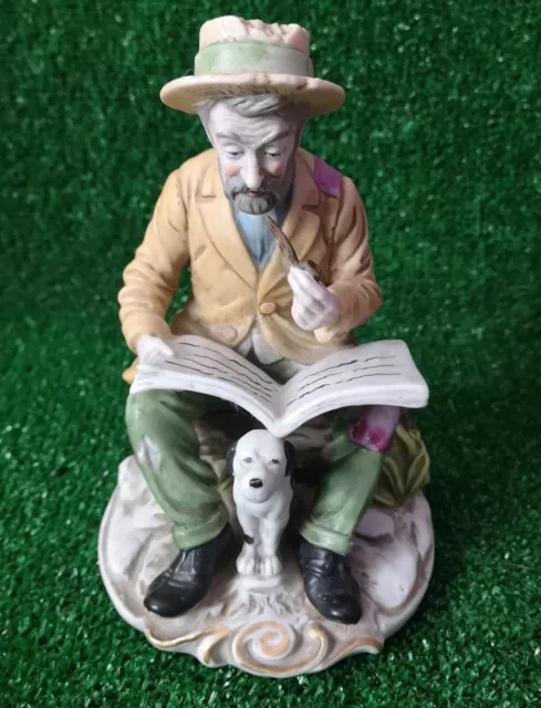 Capodimonte Style Porcelain Tramp Hobo Figure Sitting On Bench Reading Newspaper