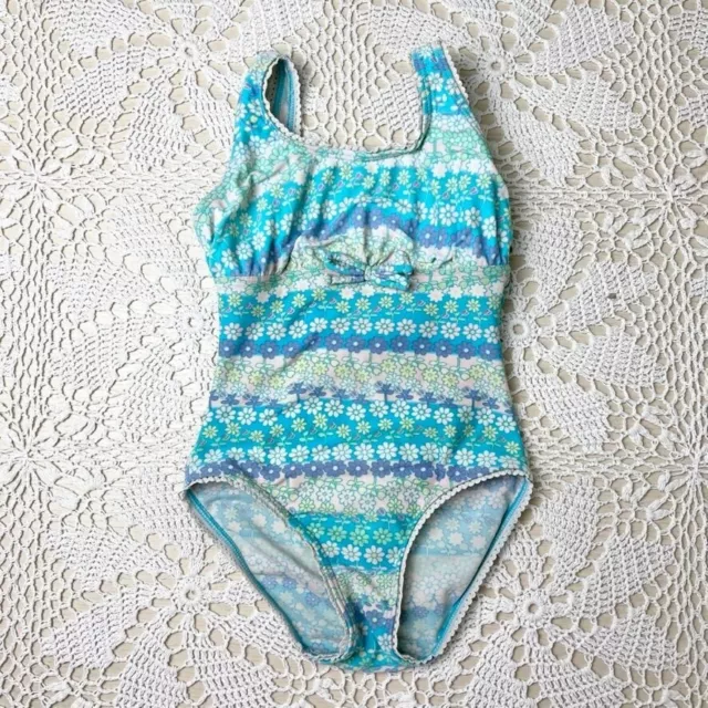 Vintage 1980s Gottex Girls 8 Years Floral Blue Flower Power One Piece Swimsuit