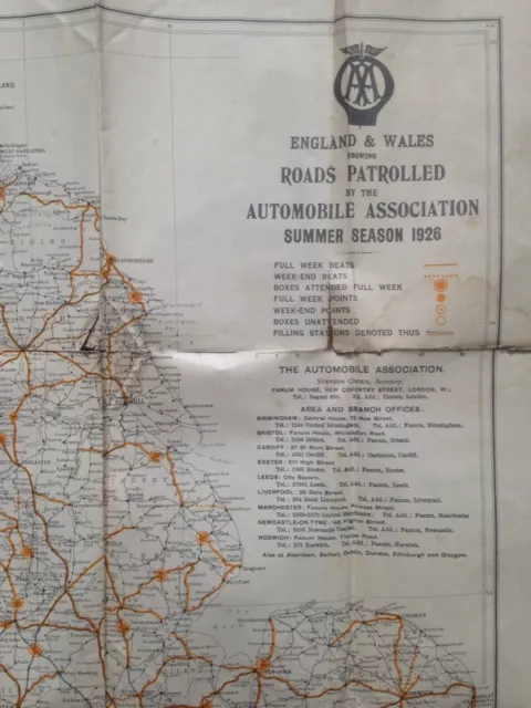 1926 AA ROAD "ROADS PATROLLED"  MAP OF ENGLAND & WALES. (65cm x 60cm)