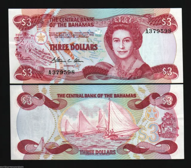 Bahamas 3 Dollars P-44 L.1974 (1984) Queen Qe Ii Ship Unc Bahamian Currency Note