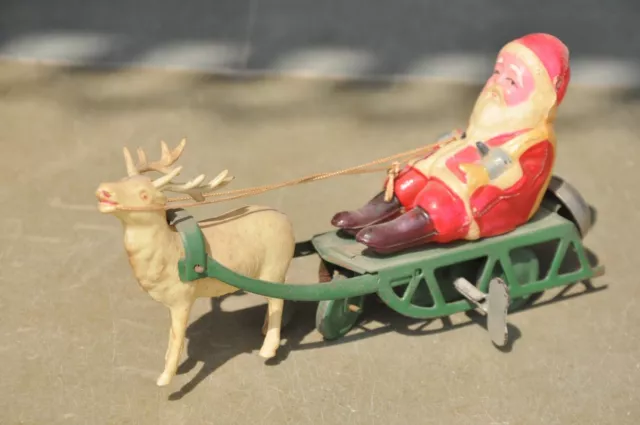 Vintage Wind Up Colorful Santa On Sleigh Tin & Celluloid Toy , Japan